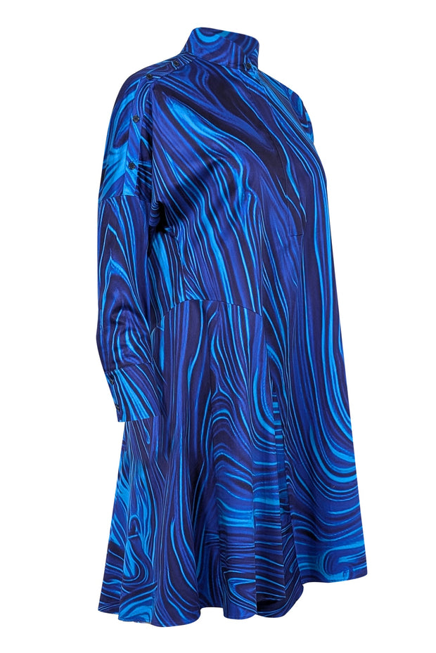 Current Boutique-Akris Punto - Blue Swirl Print Mandarin Collar Long Sleeve Dress Sz 6