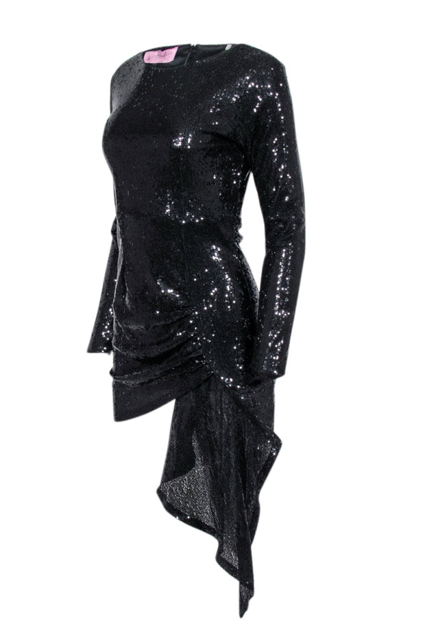 Current Boutique-Alex Vinash - Black Sequin Asymmetric Long Sleeve Mini Dress Sz S