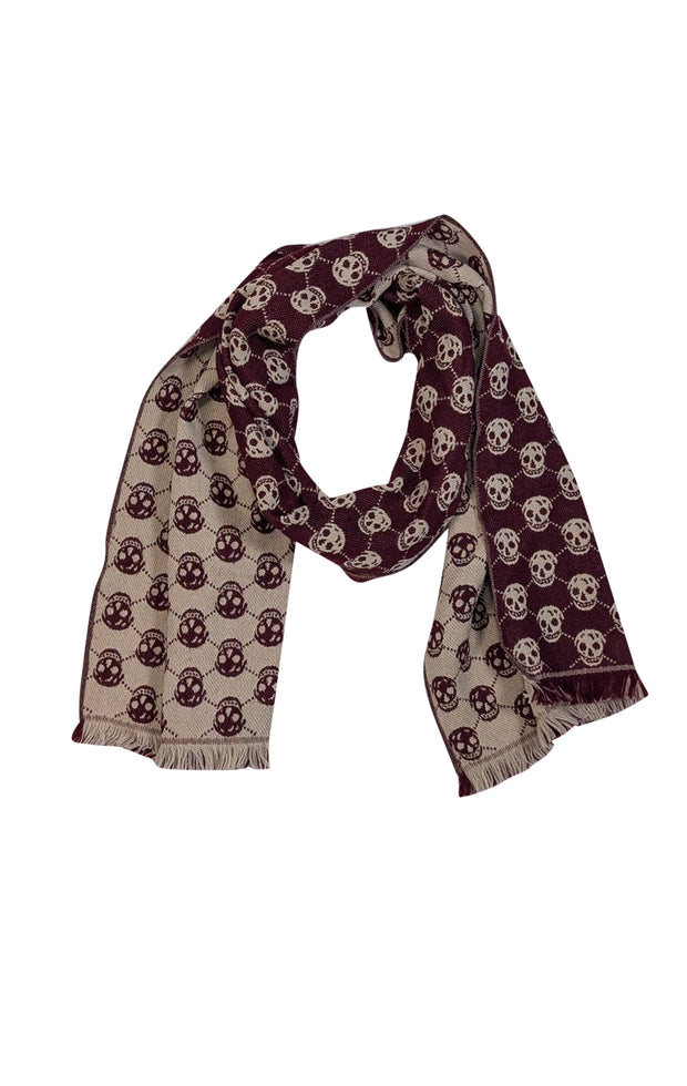 Alexander McQueen - Maroon &amp; Beige Skull Print Scarf - Current Boutique