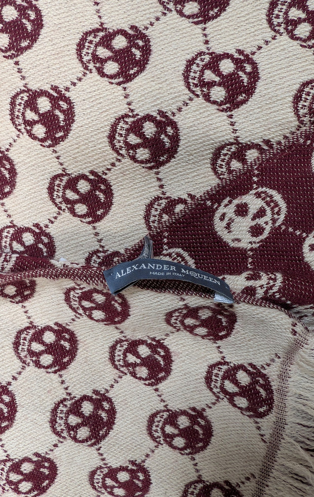 Alexander McQueen - Maroon &amp; Beige Skull Print Scarf - Current Boutique