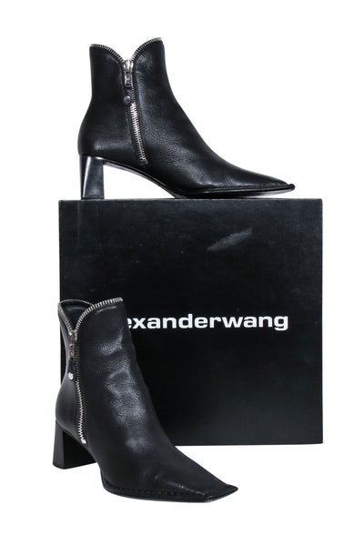 Current Boutique-Alexander Wang - Black Leather Silver Zipper Trim Short Boots Sz 9