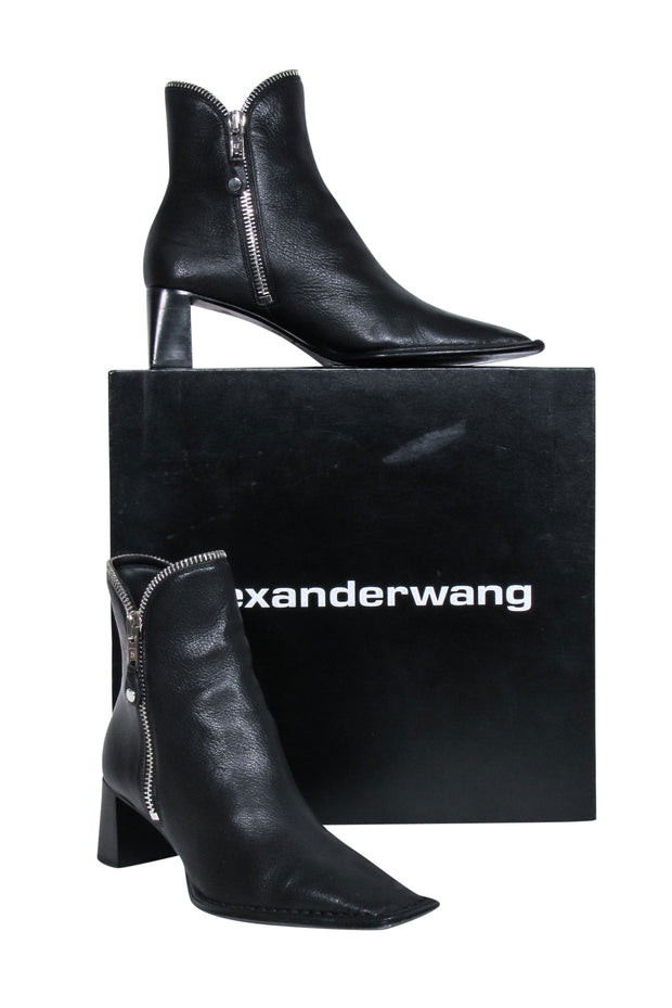 Current Boutique-Alexander Wang - Black Leather Silver Zipper Trim Short Boots Sz 9