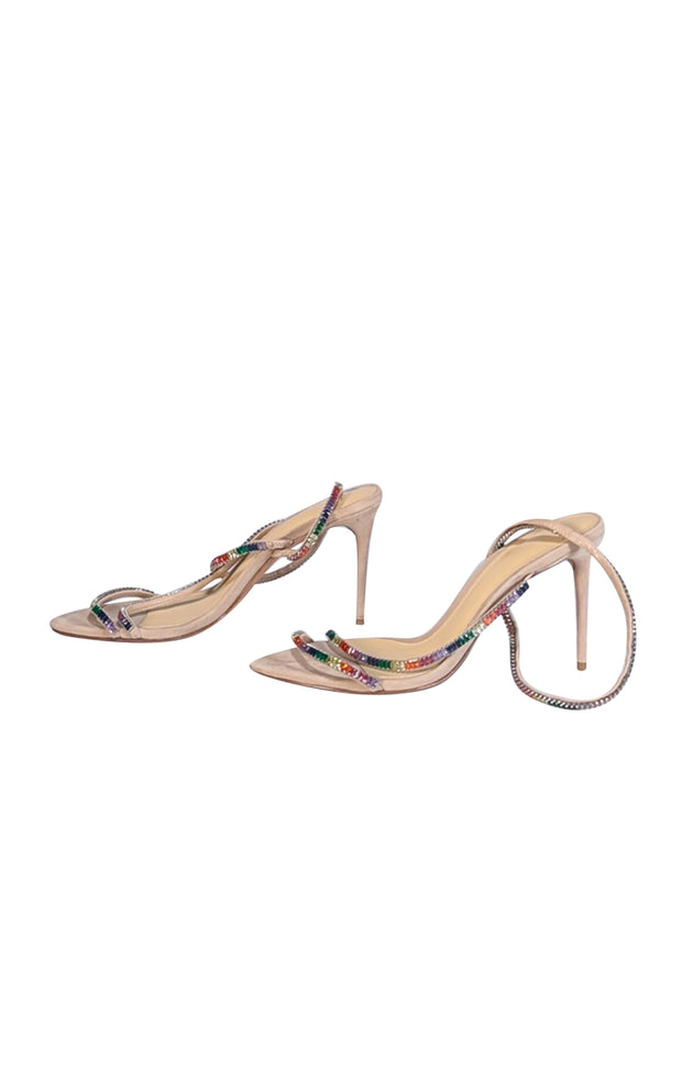 Alexandre Birman - Beige Suede & Multicolor Jewel Strap Open Toe Pumps Sz 8 - Current Boutique