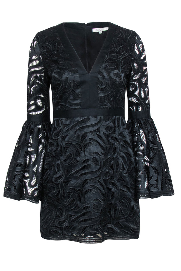 Current Boutique-Alexis - Black Embroidered Lace Bell Sleeve Dress Sz S