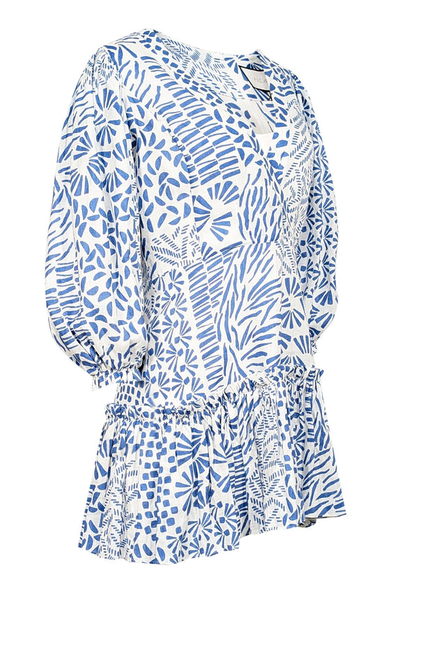 Current Boutique-Alexis - Off-White & Blue Abstract Print Linen Mini Dress Sz L