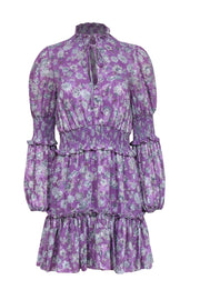 Current Boutique-Alexis - Purple w/ Beige & Slate Floral Print Smocked Jacquard Dress Sz M