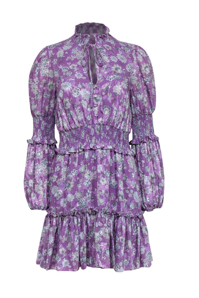 Current Boutique-Alexis - Purple w/ Beige & Slate Floral Print Smocked Jacquard Dress Sz M