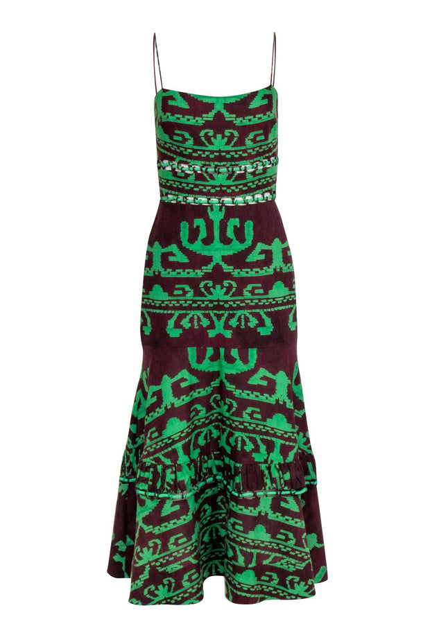 Current Boutique-Alexis - Maroon & Green Print "Ayanna" Interlacing Dress Sz S