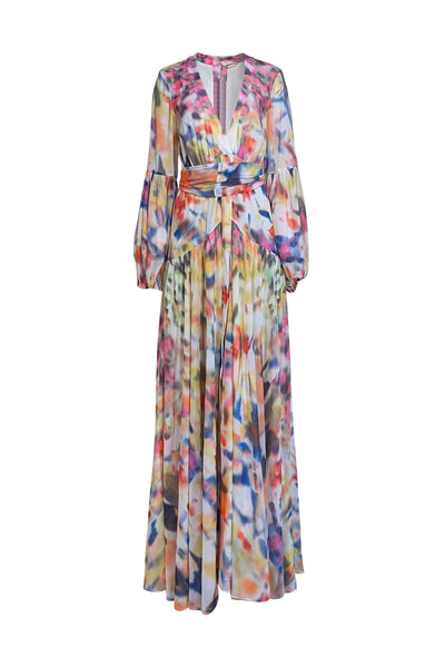 Alexis - Multicolor Print Chiffon Blouson Sleeve Maxi Dress Sz L - Current Boutique