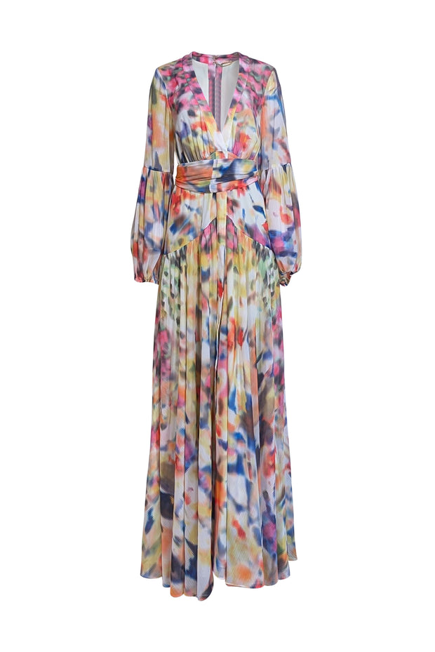 Alexis - Multicolor Print Chiffon Blouson Sleeve Maxi Dress Sz L - Current Boutique