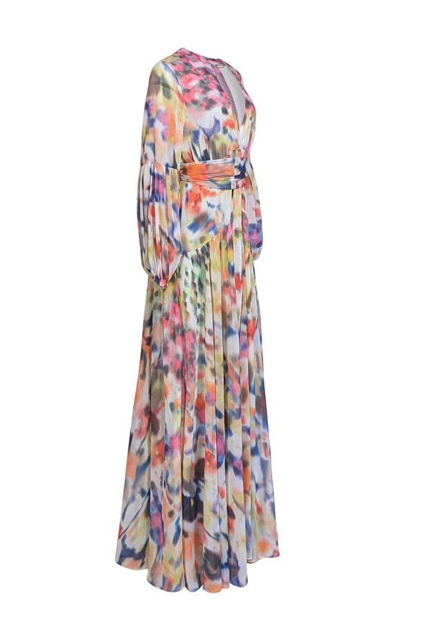 Alexis - Multicolor Print Chiffon Blouson Sleeve Maxi Dress Sz L - Current Boutique
