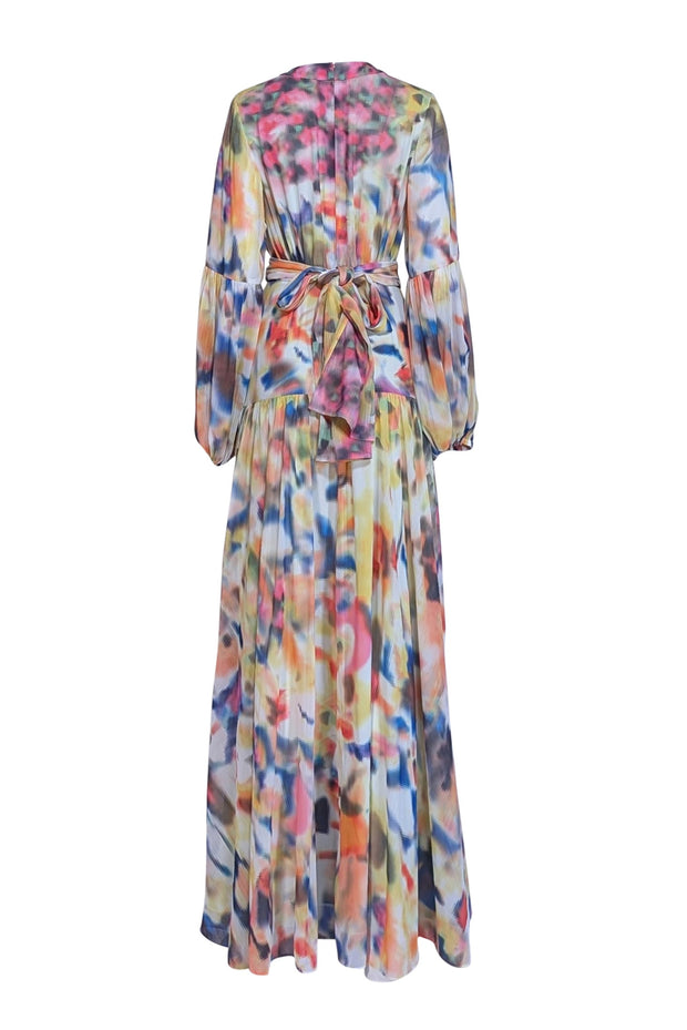 Alexis - Multicolor Print Chiffon Blouson Sleeve Maxi Dress Sz L - Current Boutique