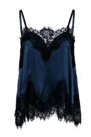 Current Boutique-Alice & Olivia - Navy Silk Blend Tank w/ Black Lace Trims Sz XS