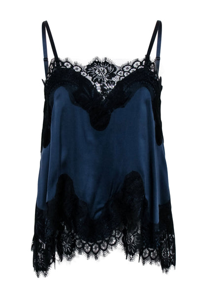 Current Boutique-Alice & Olivia - Navy Silk Blend Tank w/ Black Lace Trims Sz XS