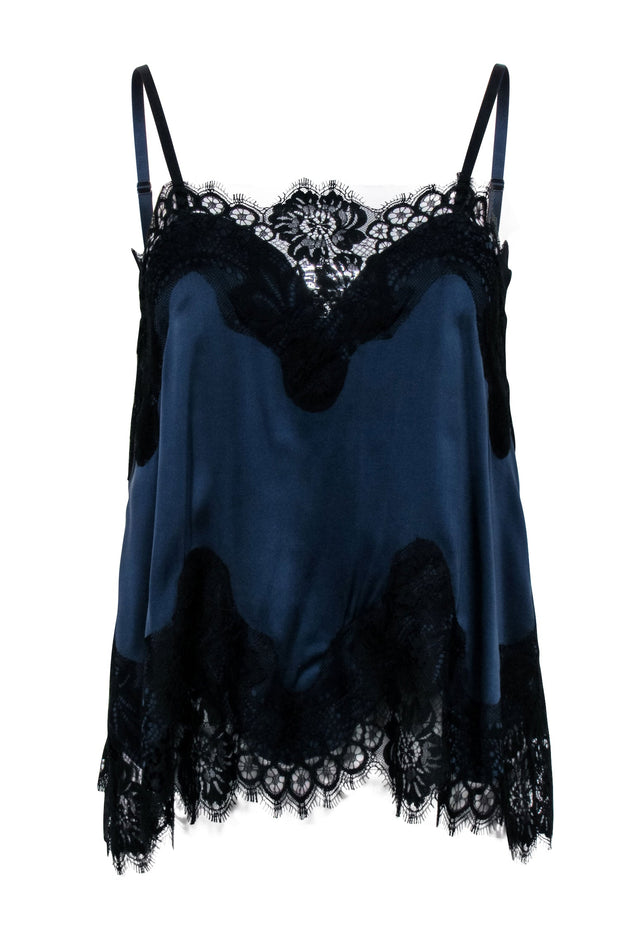 Current Boutique-Alice & Olivia - Navy Silk Blend Tank w/ Black Lace Trims Sz XS