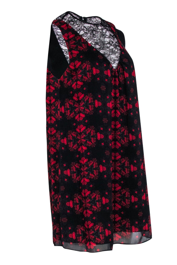 Current Boutique-Alice & Olivia - Black & Red Floral Print Sleeveless Shift Dress w/ Lace Middle V Sz 6