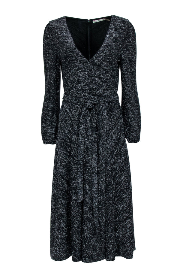 Current Boutique-Alice & Olivia - Black & Silver Metallic Long Sleeve Waist Tie Dress Sz 8