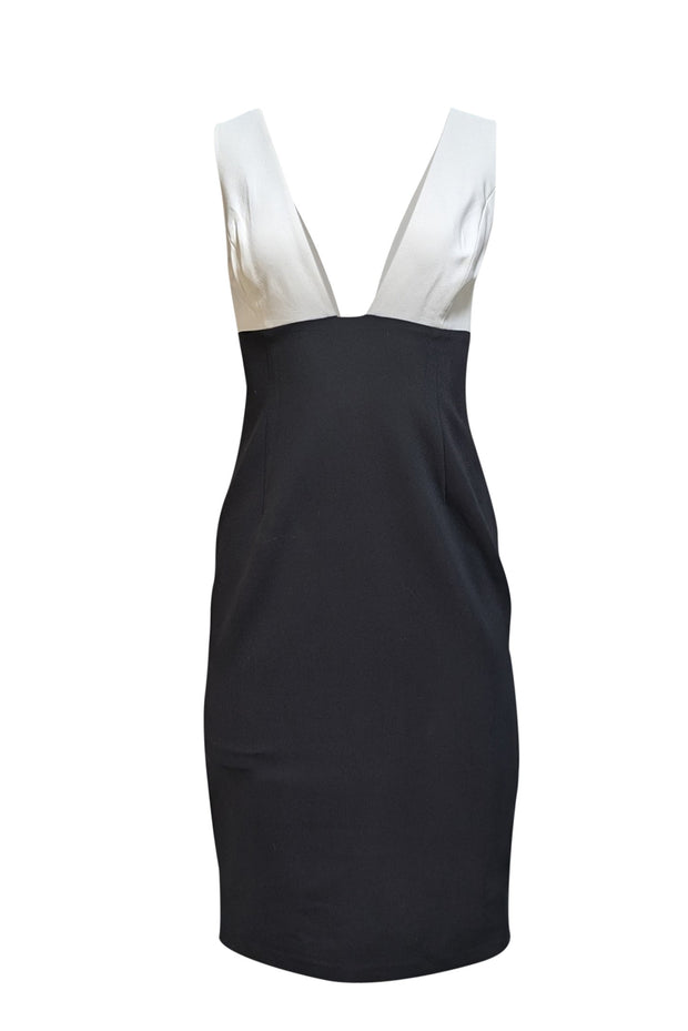 Alice & Olivia - White & Black Sleeveless Deep V Dress Sz 8 - Current Boutique