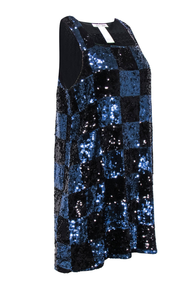 Current Boutique-Alice & Olivia - Black & Navy Check Patterned Sequin Mini Dress Sz M