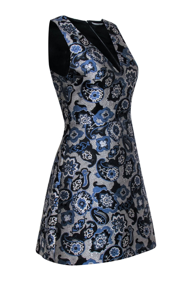 Current Boutique-Alice & Olivia - Blue, Black & Grey Paisley Jacquard Sleeveless Dress Sz 2