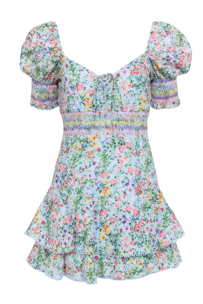 Current Boutique-Alice & Olivia - Light Blue w/ Multicolor Floral Print Eyelet Mini Dress Sz 6