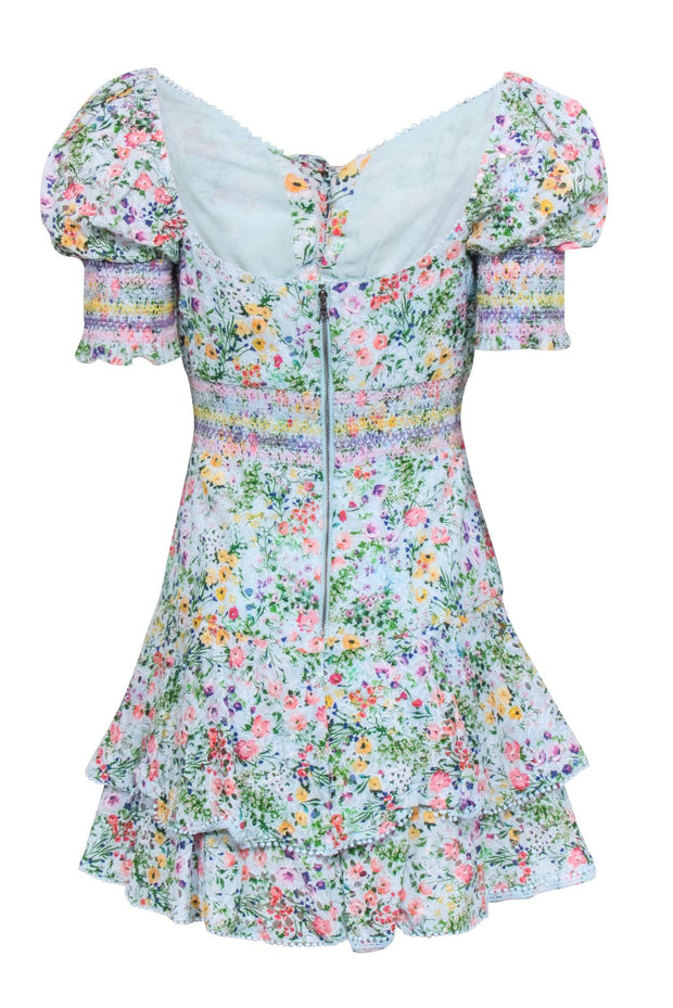 Current Boutique-Alice & Olivia - Light Blue w/ Multicolor Floral Print Eyelet Mini Dress Sz 6