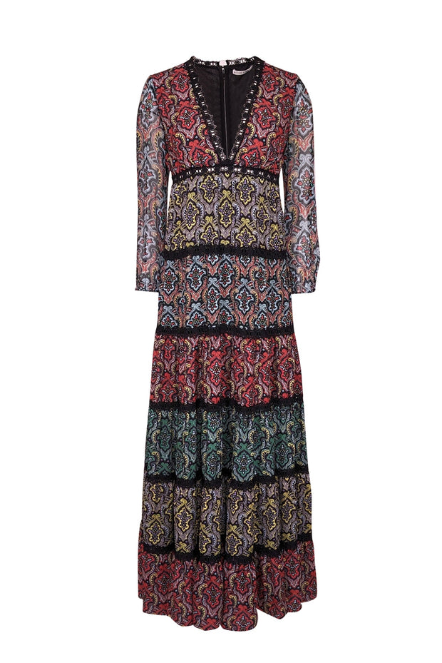 Current Boutique-Alice & Olivia - Black w/ Multicolor Paisley Print Tiered Maxi Dress Sz 2