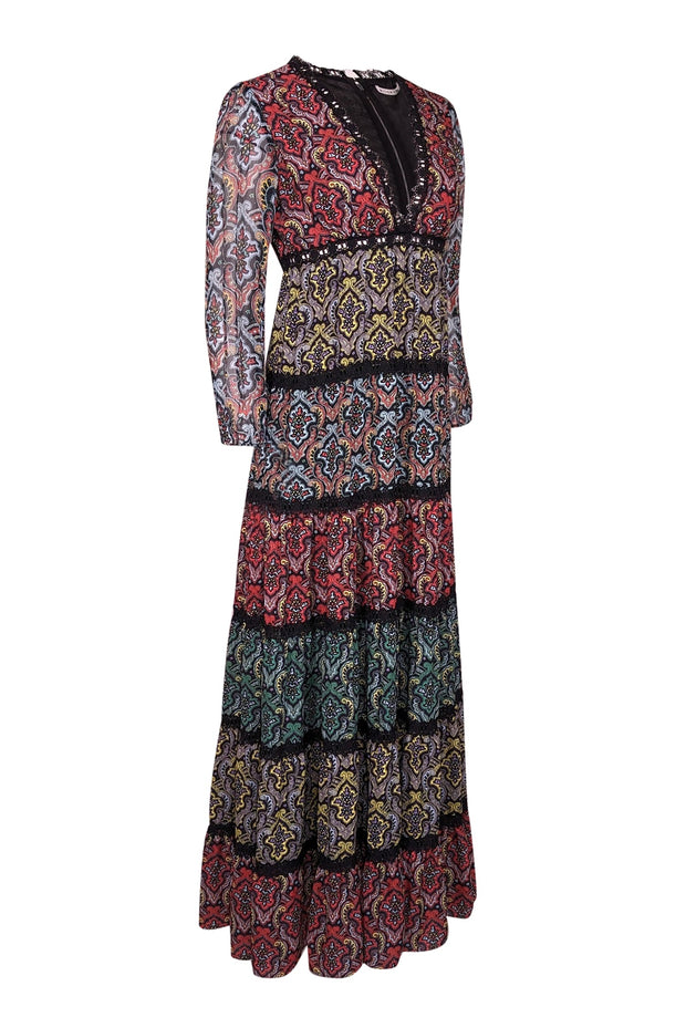 Current Boutique-Alice & Olivia - Black w/ Multicolor Paisley Print Tiered Maxi Dress Sz 2