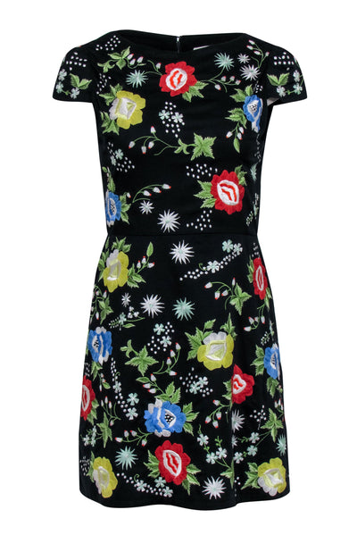 Current Boutique-Alice & Olivia - Black A-Line Dress w/ Multicolor Floral Embroidery Sz 4
