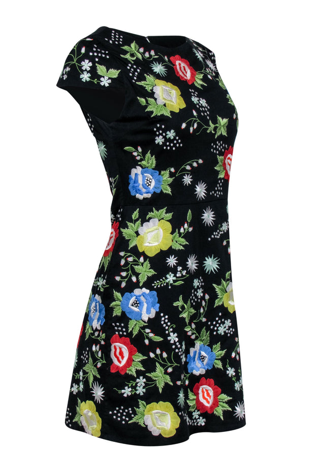 Current Boutique-Alice & Olivia - Black A-Line Dress w/ Multicolor Floral Embroidery Sz 4