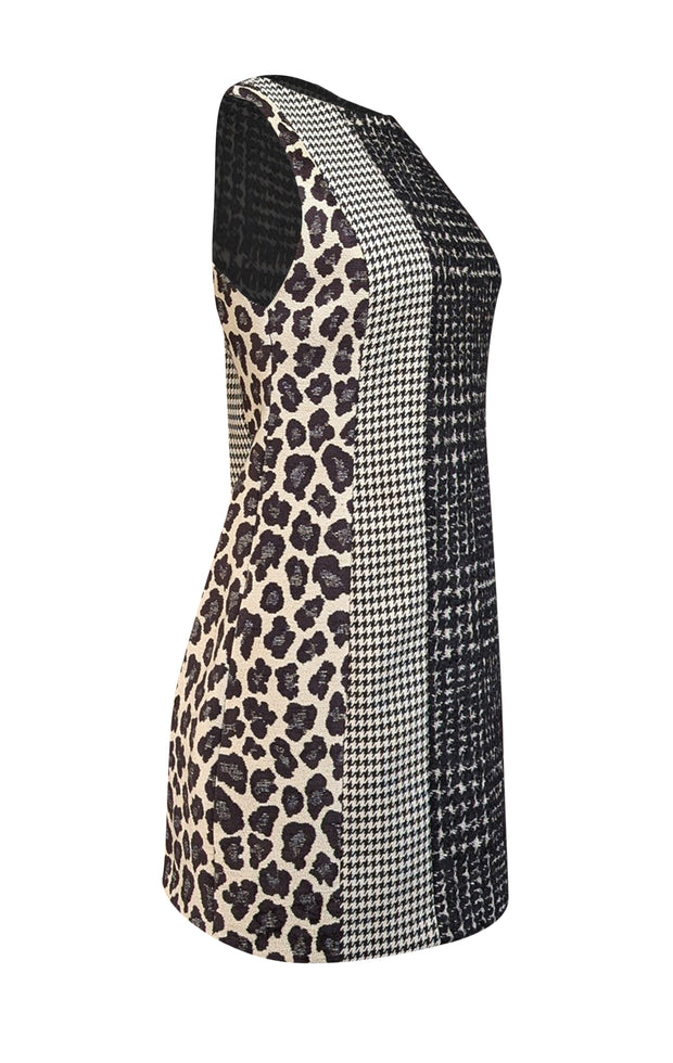 Alice & Olivia - Black, Cream, & White Patchwork Wool Blend A-Line Dress Sz 4 - Current Boutique