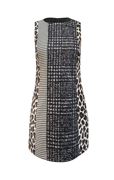 Alice & Olivia - Black, Cream, & White Patchwork Wool Blend A-Line Dress Sz 4 - Current Boutique