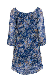 Current Boutique-Alice & Olivia - Blue & Beige Paisley Print Off The Shoulder Dress Sz XS