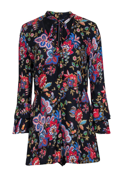Current Boutique-Alice & Olivia - Black Floral Print Romper w/ Front Neck Tie Sz 10