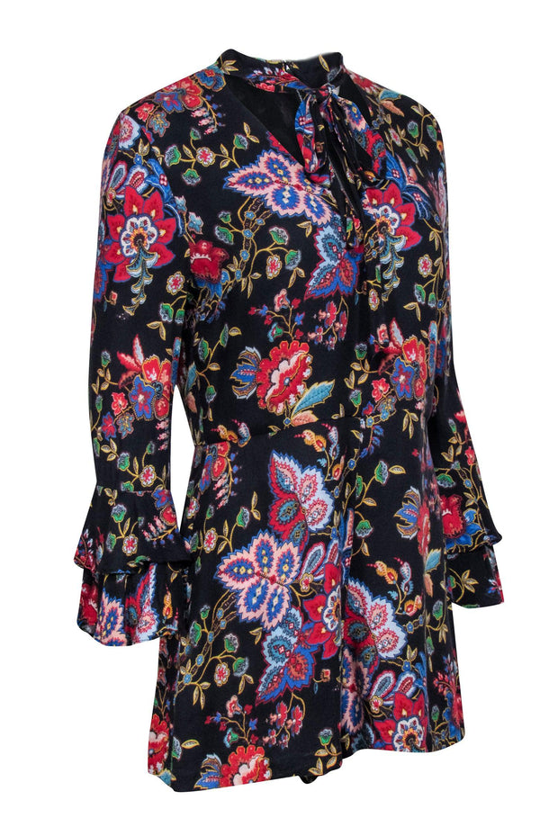Current Boutique-Alice & Olivia - Black Floral Print Romper w/ Front Neck Tie Sz 10