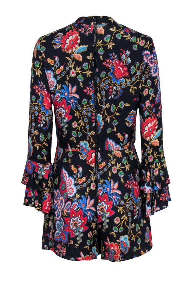 Current Boutique-Alice & Olivia - Black Floral Print Romper w/ Front Neck Tie Sz 10