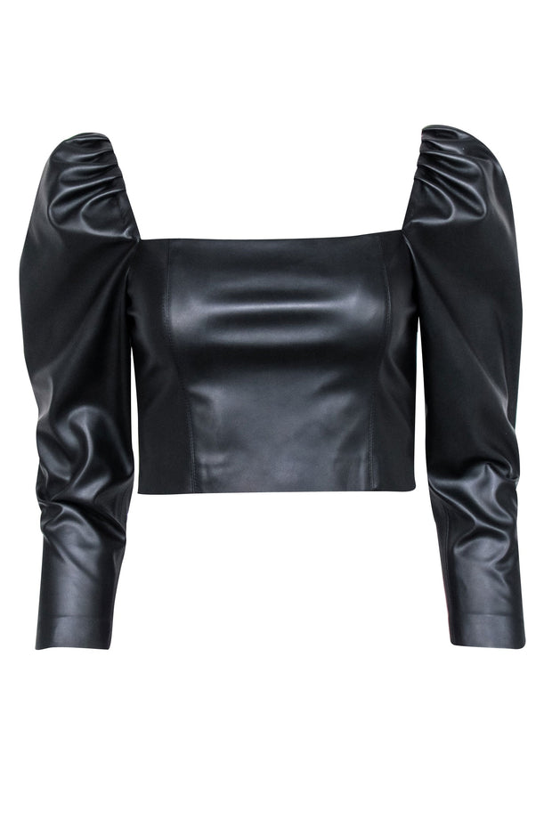 Current Boutique-Alice & Olivia - Black Faux Leather Cropped Puff Sleeve Top Sz 4