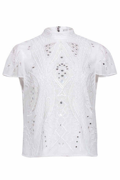 Current Boutique-Alice & Olivia - Ivory Eyelet Short Sleeve w/ Metallic Detail Sz 8