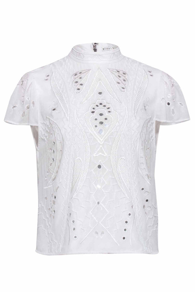 Current Boutique-Alice & Olivia - Ivory Eyelet Short Sleeve w/ Metallic Detail Sz 8