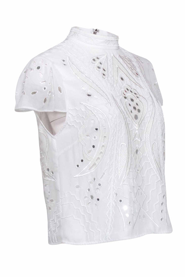 Current Boutique-Alice & Olivia - Ivory Eyelet Short Sleeve w/ Metallic Detail Sz 8