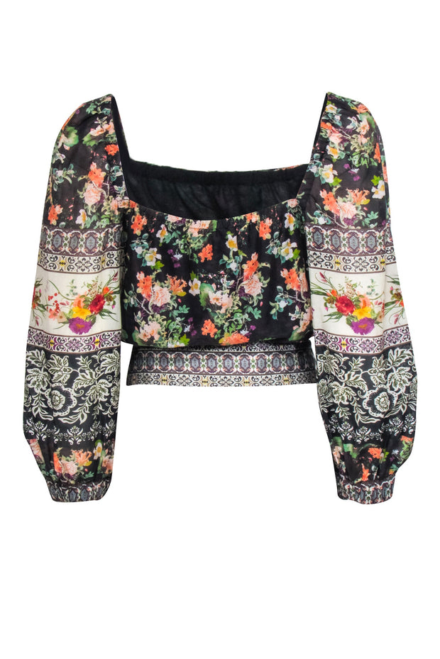 Current Boutique-Alice & Olivia - Black Multi Color Floral Print Tie Hem Silk "Clarabelle" Blouse Sz L