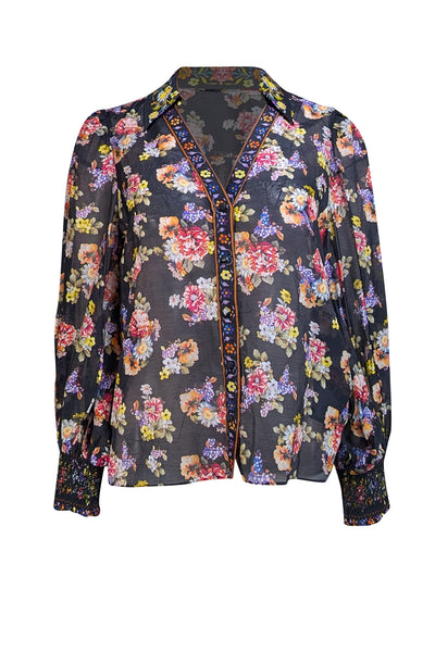Alice & Olivia - Black & Multicolor Floral Print Cotton & Silk Blend Blouse Sz M - Current Boutique
