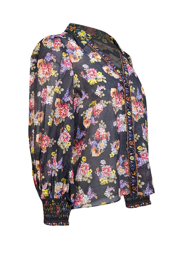 Alice & Olivia - Black & Multicolor Floral Print Cotton & Silk Blend Blouse Sz M - Current Boutique