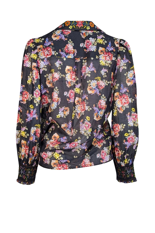 Alice & Olivia - Black & Multicolor Floral Print Cotton & Silk Blend Blouse Sz M - Current Boutique
