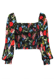 Current Boutique-Alice & Olivia - Black Multicolor Floral Print "Cooper Smocked Blouse" Sz S