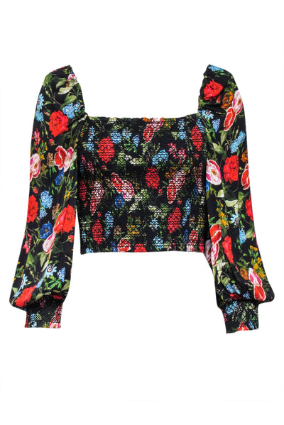 Current Boutique-Alice & Olivia - Black Multicolor Floral Print "Cooper Smocked Blouse" Sz S