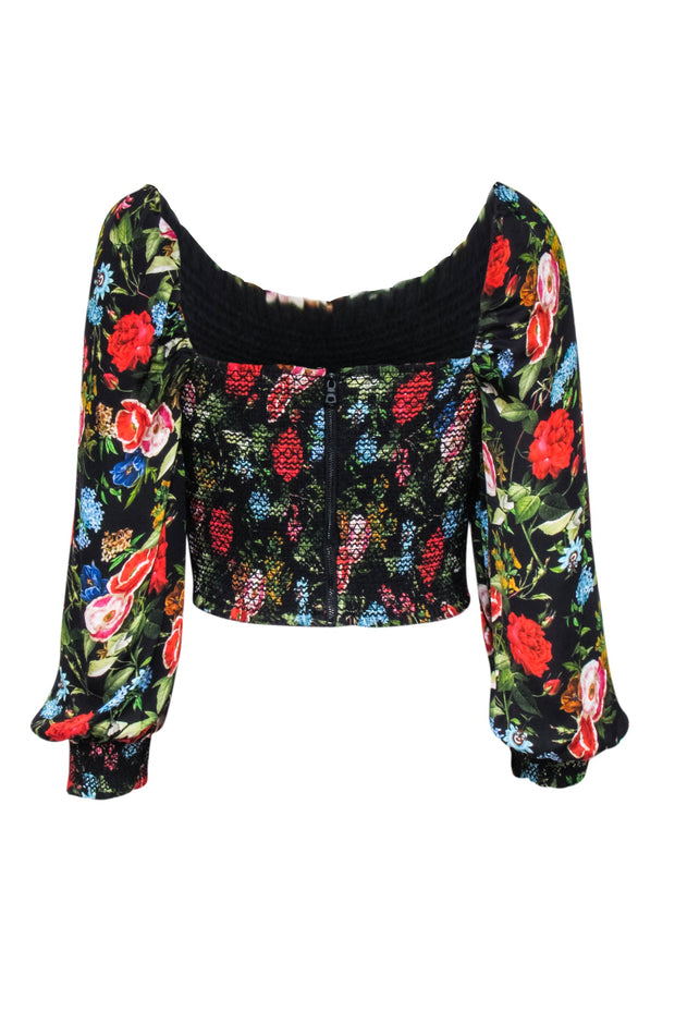 Current Boutique-Alice & Olivia - Black Multicolor Floral Print "Cooper Smocked Blouse" Sz S