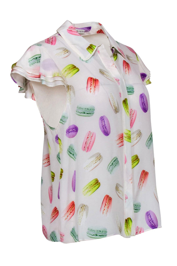 Current Boutique-Alice & Olivia - Ivory w/ Multicolor Macaron Print Short Sleeve Button Front Shirt Sz M