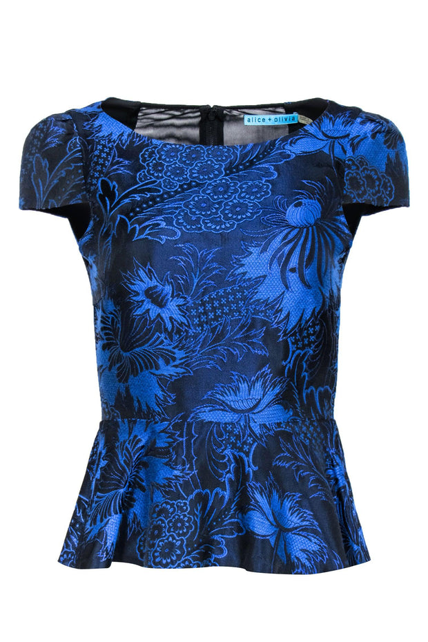 Current Boutique-Alice & Olivia - Blue & Black Floral Brocade Peplum Top Sz XS