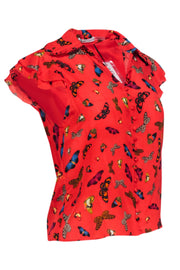 Current Boutique-Alice & Olivia - Red Silk Butterfly Print Short Sleeve Shirt w/ Cap Sleeves Sz XS
